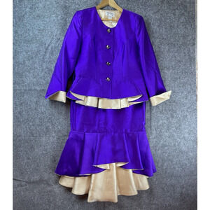 Tally Taylor Skirt Suit Womens 8 Purple Gold Ruffle Bold MOB Special Occassion